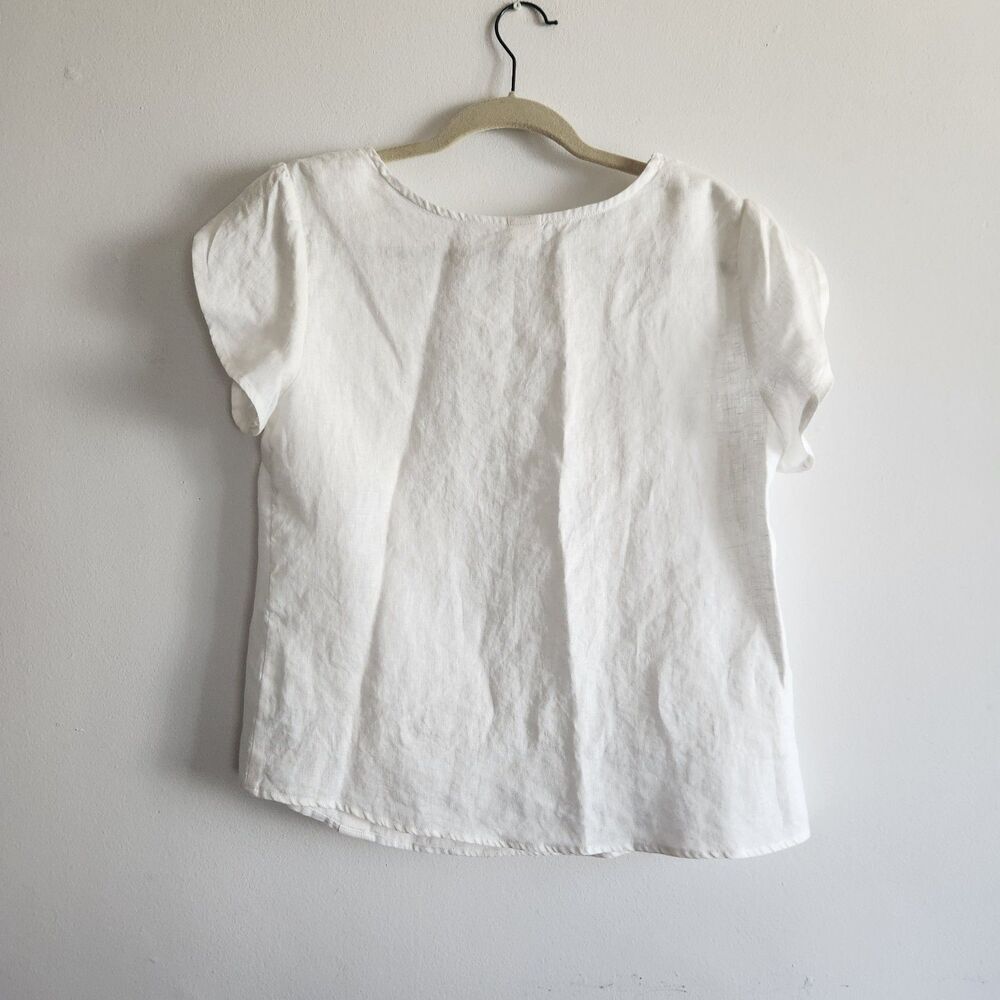 Lintico white 100% linen L short sleeve button detail coastal minimalist dainty - Picture 2 of 9